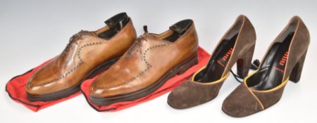 Pair of Berluti of Paris men's leather shoes with branded shoe trees and individual soft bags,