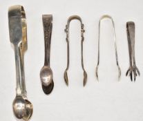 Five pairs of Victorian and later hallmarked silver sugar tongs, length of longest 15cm, weight