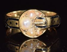 Victorian 18ct gold ring set with pearls and black enamel in a buckle design, London 1877, 4g,