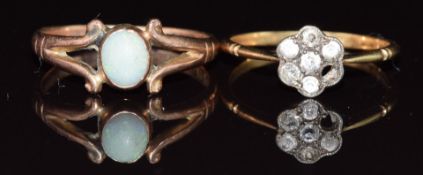 A 9ct gold ring set with an opal cabochon, Birmingham 1915 (2.3g, size O) and an 18ct gold ring