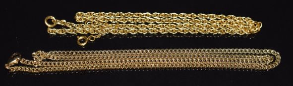 Two 9ct gold chains/ necklaces, longest 46cm, 13.5g