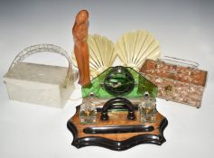 Kitsch retro and vintage lot to include Bakelite/plastic wall lights, Perspex handbags, standish,