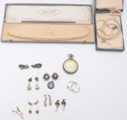 A collection of jewellery including L B Toledo silver earrings set with turquoise, faux pearls,