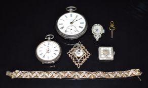 Two hallmarked silver pocket watches including one by Benson, filigree bracelet, etc
