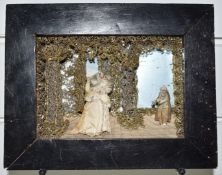 18th/19thC embroidered reliquary featuring silver and gold stumpwork embroidery diorama of a queen