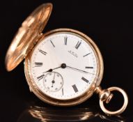 William Ellery Waltham 14ct gold full hunter pocket watch with inset subsidiary seconds dial,