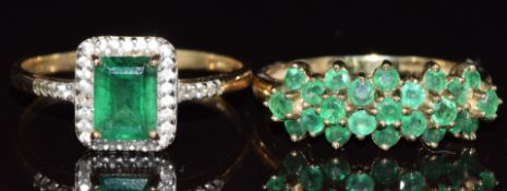 Two 9ct gold rings, one set with emeralds and one emerald and topaz, 6.2g, sizes Y & W