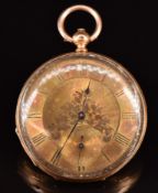 Unnamed 14ct gold open faced pocket watch with inset subsidiary seconds dial, blued hands, Roman