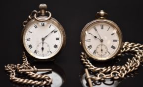 Two silver open faced pocket watches each with subsidiary seconds dial, blued hands, black Roman