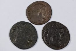 Three Roman Imperial bronze coins comprising Follis coins of Maxentius 308-310AD and Constantius I