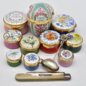 Collection of enamel boxes including Halcyon Days, Essex Crystal or similar dog stick pin and a