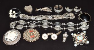 Edwardian silver locket, Birmingham 1908, silver and mother of pearl brooch, two white metal