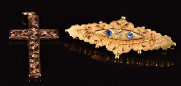 Edwardian 9ct gold brooch set with a diamond and paste, Birmingham 1904 and 9ct gold cross with