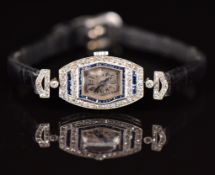 Bulgari Art Deco ladies wristwatch set with diamonds and sapphires to the engraved case, blued