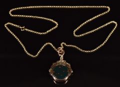 A 9ct gold swivel fob set with bloodstone and agate and 9ct gold chain, 9.6g, 62cm long