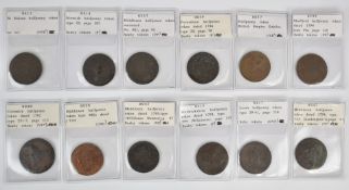 Twelve 18thC halfpenny tokens to include St Helena, 1794 Faversham, Norwich, British Empire