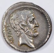 Roman Republic, Q Servilius Caepio Brutus Denarius, Rome circa 54BC, bust of L Julius Brutus