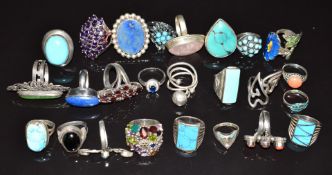 Twenty five silver rings including enamel, rose quartz, turquoise, amethyst, coral, garnet, etc