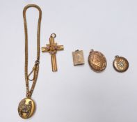 Victorian pinchbeck cross pendant set with sapphirite, Victorian pinchbeck locket and three rolled