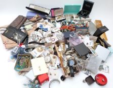 A large collection of costume jewellery including vintage brooches, tiger's eye necklace, beads, etc