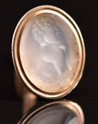 Victorian gold intaglio fob set with carved chalcedony depicting a women posing, 4.4g