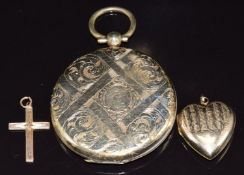 A 9ct gold cross (0.7g, 2.5 x 2cm), heart locket and a Victorian locket, 5cm