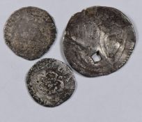 Commonwealth 1649-1660 silver penny (holed) together with two Charles I pennies