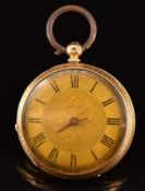 Unnamed 18ct gold open faced pocket watch with black Roman numerals, engraved gold dial and case and