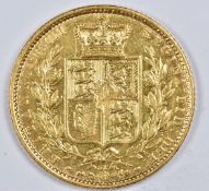 1864 Queen Victoria young head gold full sovereign, shield reverse, die number 31