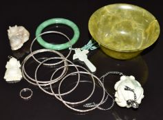 Chinese 19thC carving in the form of two animals, 4.5cm long, six Hong Kong silver bangles, a