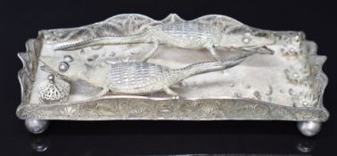 White metal novelty filigree tray with novelty crocodile figures, length 19cm, weight 228g