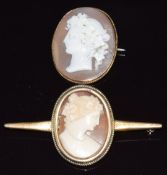 Victorian 9ct gold brooch set with a cameo and a yellow metal brooch set with a cameo, 12.1g,