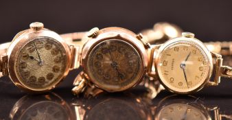 Three 9ct gold ladies wristwatches including one Vertex, all on 9ct gold expanding bracelets,