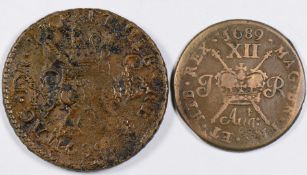 James II 'Gun money' halfcrown, together with a shilling, Aug 1609, and Sept 1689, GF / First