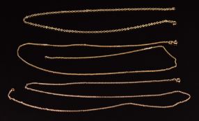 Three 9ct gold chains, 59cm, 39cm and 57cm long, 6.4g