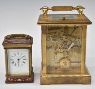 Brass cased repeating carriage clock, height including handle 17.5cm, together with a smaller enamel