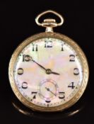 Art Deco 9ct gold keyless winding open faced pocket watch with subsidiary seconds dial, blued hands,