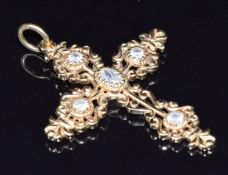 An 18ct gold cross pendant set with cubic zirconia, 5.8g, 4 x 3.5cm