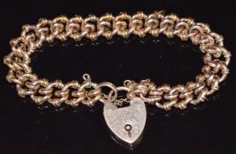 Edwardian 9ct rose gold bracelet with heart clasp, 20.4g, 21cm long