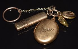 Victorian yellow metal locket engraved 'Mae', 9ct gold pencil (Birmingham 1906), yellow metal locket