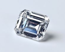 An emerald cut diamond measuring 8.26ct, with Birmingham Anchor Cert certificate stating colour H