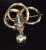 Victorian brooch in the form of a snake set with turquoise and glass eyes, with heart drop, 4.4 x