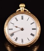 Unnamed 18ct gold keyless winding open faced pocket watch with gold hands, black Roman numerals,