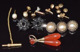 A collection of earrings including Victorian jet, carnelian agate, 18ct gold earring backs (0.5g),