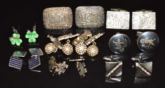 Nine pairs of silver cufflinks including enamel set shamrock, golf interest, etc