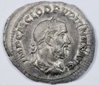 Roman Imperial Military Anarchy, Pupienus 238AD, silver Denarius, Concordia seated left reverse