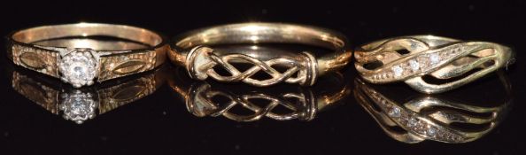 Three 9ct gold rings, two set with diamonds, 3.5g, size L