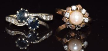 A 9ct gold ring set with sapphires and spinel and a yellow metal ring set with a pearl, 7g, sizes