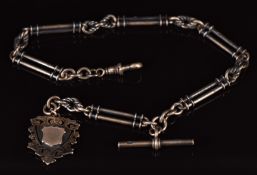 Edwardian silver Albert / watch chain made up of elongated and knotted links with silver fob, 54.3g,