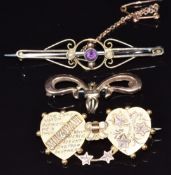 Edwardian 9ct gold Mizpah brooch, 9ct gold Edwardian brooch set with an amethyst and seed pearls and